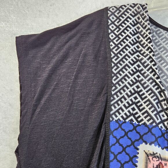 One World Blouse Womens Medium Black Yellow Dolman Short Cap Sleeve Boho Stretch - Picture 10 of 15